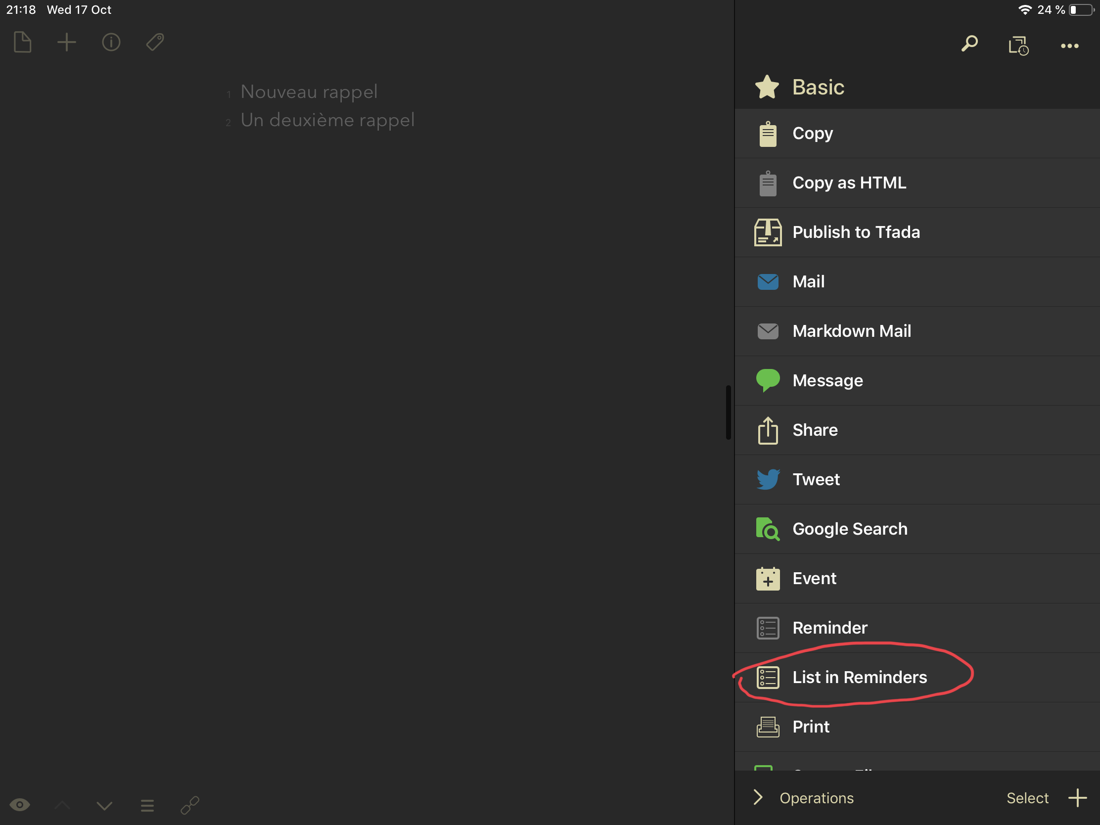 Un exemple pour créer une liste de rappel en une fois depuis Drafts.