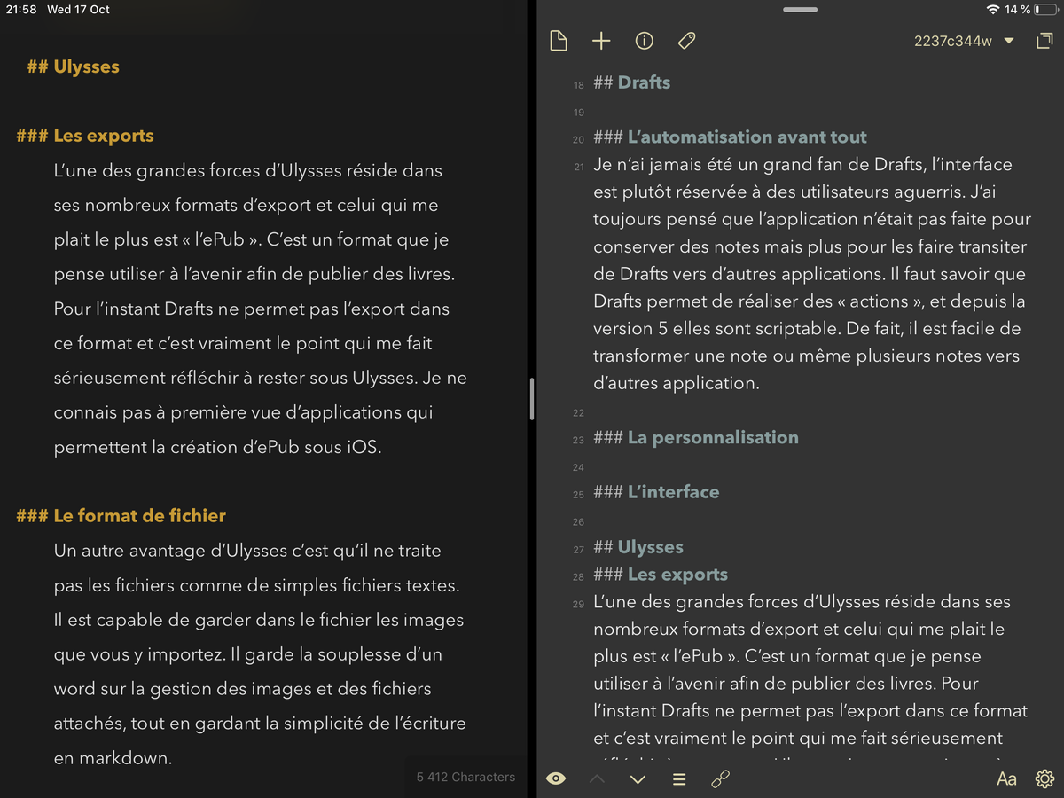 Draft ou Ulysses sur iOS, quelle est la meilleure application pour écrire ?