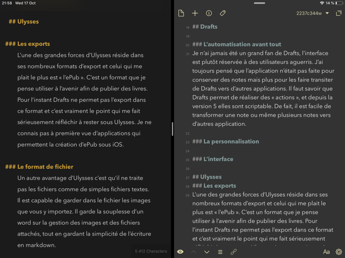 Draft ou Ulysses sur iOS, quelle est la meilleure application pour écrire ?