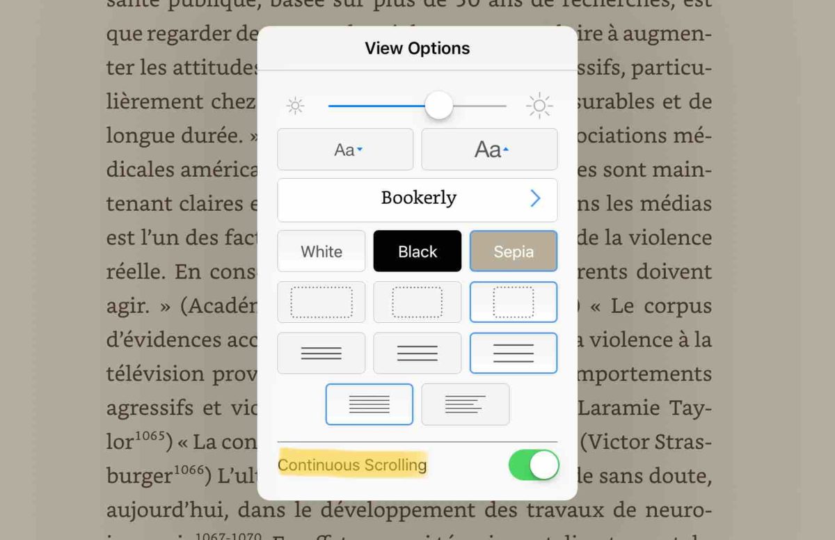 Kindle iOS lecture en mode défilement